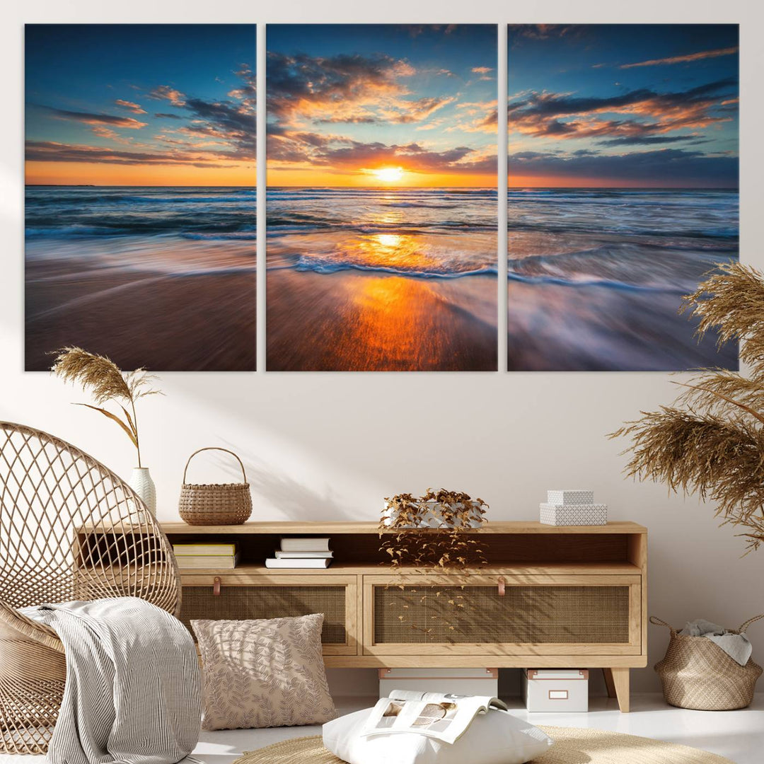 The Sunset on the Ocean canvas adds coastal ambiance to the wooden wall.