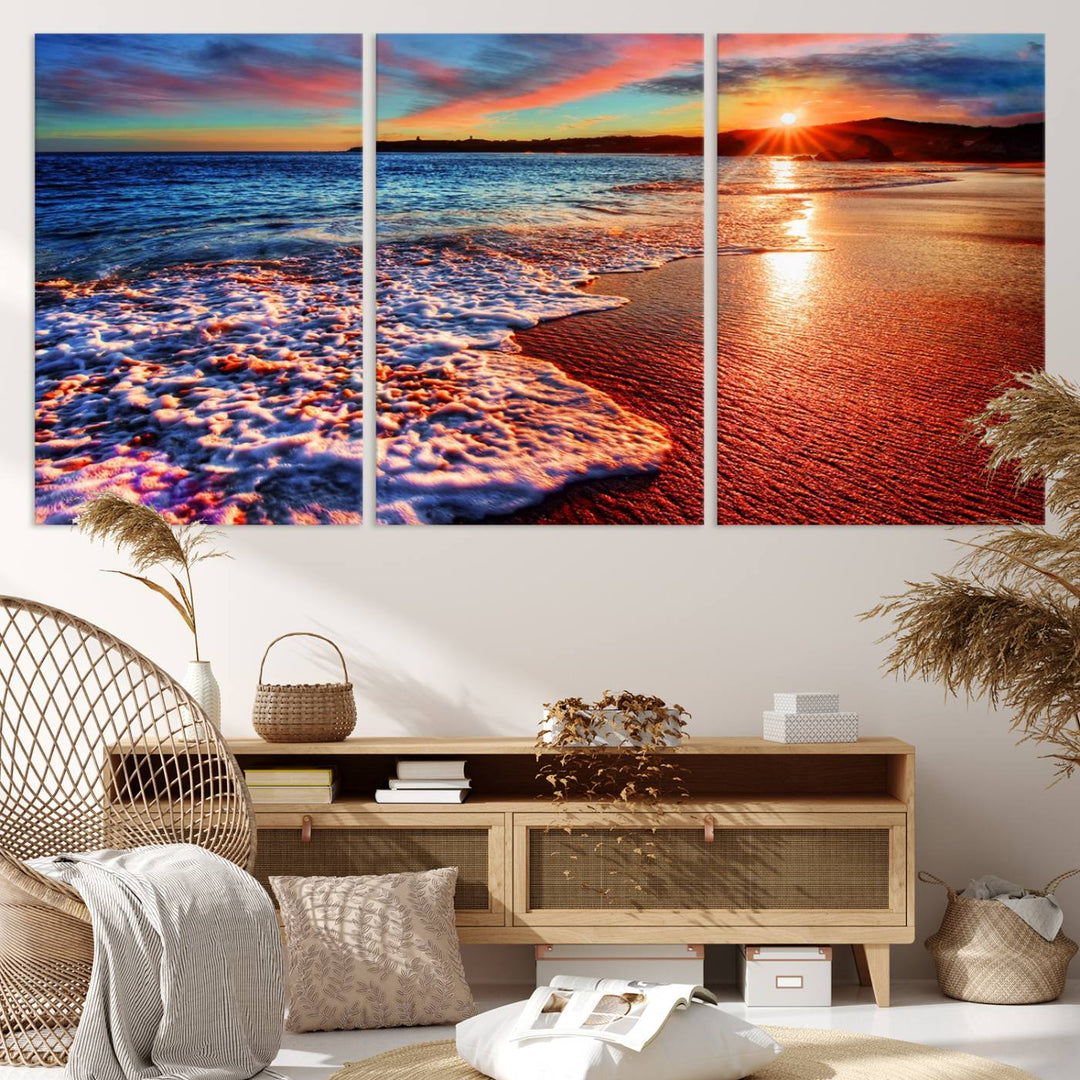 The Colorful Coastal Sunset on the Beach canvas print portrays ocean waves at dusk.