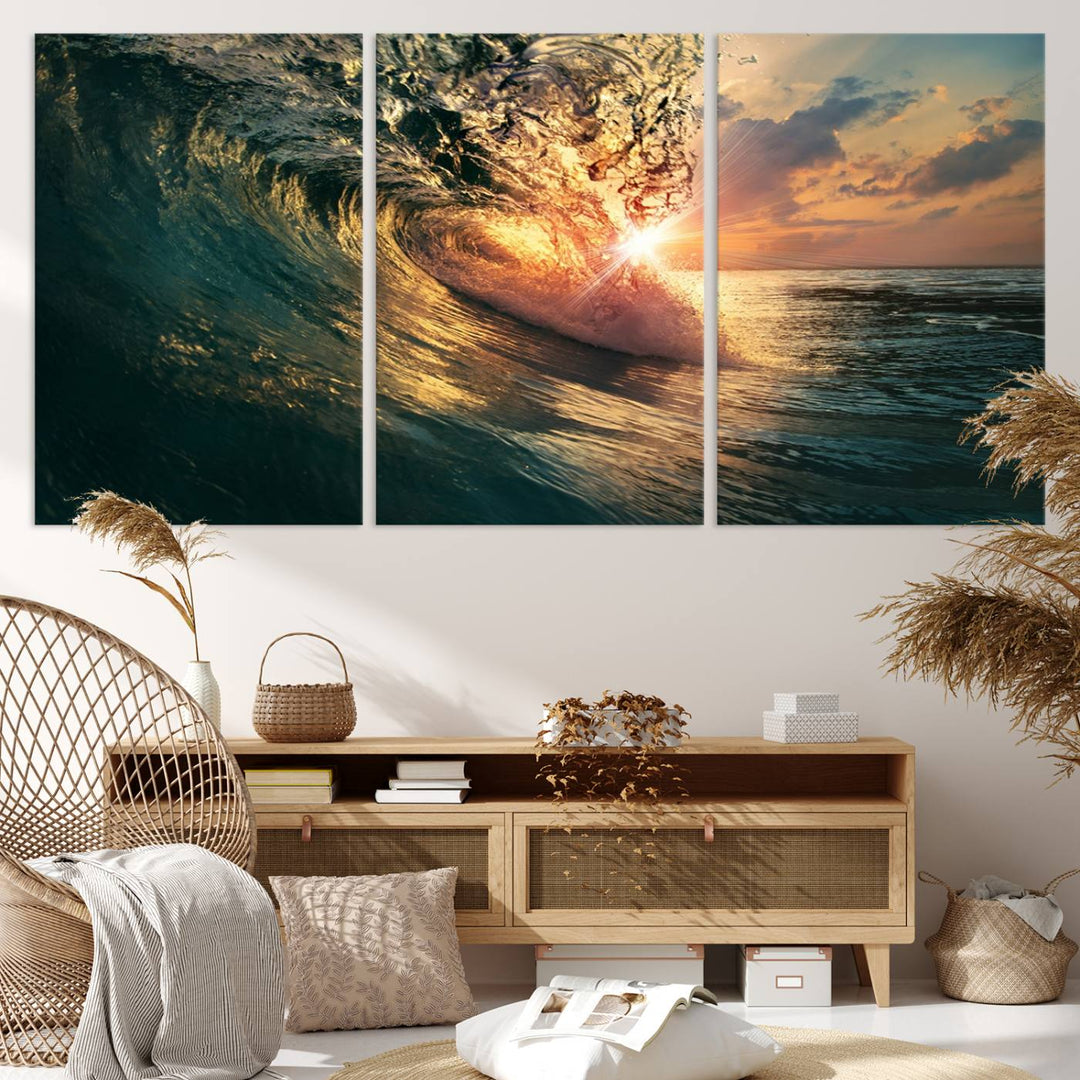 A triptych seascape titled Ocean Wave Sunset Canvas, featuring a stunning ocean view at sunset, is beautifully framed and ready to hang.