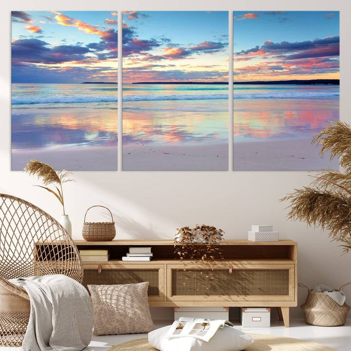 Tranquil Pastel Sunset Beach Triptych Canvas Art, Soothing Coastal Ocean Shoreline Giclee Print, Beach Reflections Wall Decor for Serene Spaces