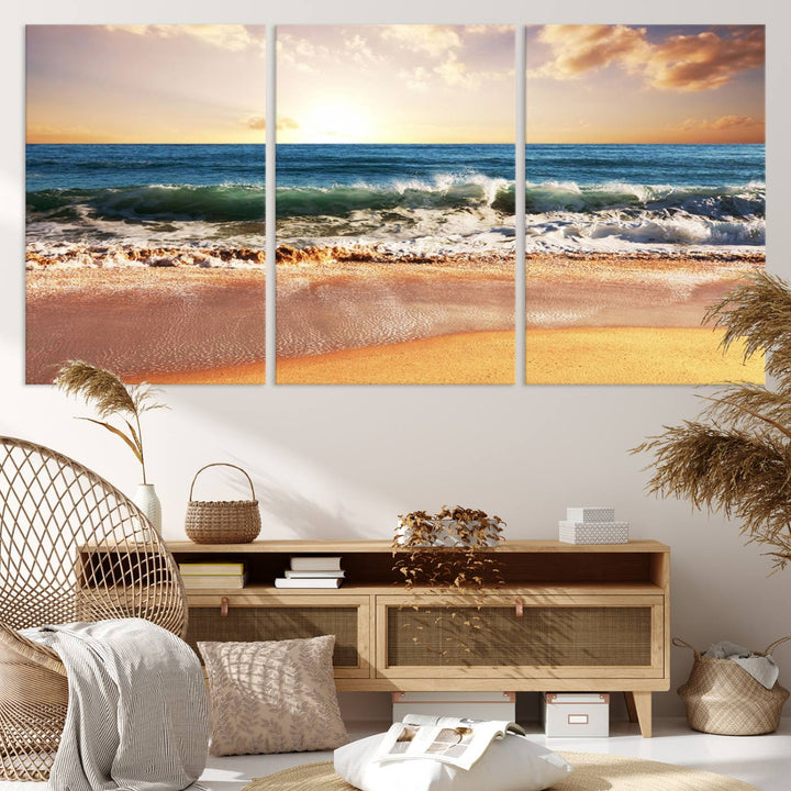 The wall features a Canon-quality Serene Beach Path canvas giclee print, depicting coastal dunes.