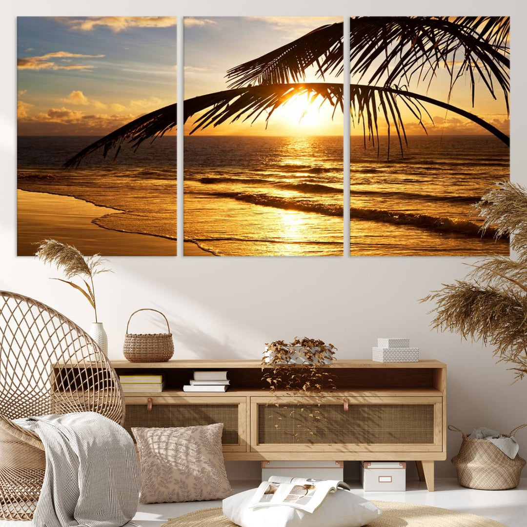 Golden Tropical Beach Sunset Canvas Triptych: Coastal Palm Art & Giclee Print with Gallery Wrap, capturing golden waves.