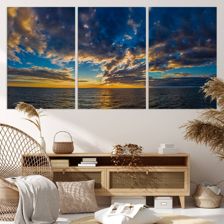 Dramatic Ocean Sunset Canvas Art, Panoramic Seascape Wall Art, Giclee Canvas Print with Canon Quality for Coastal Decor