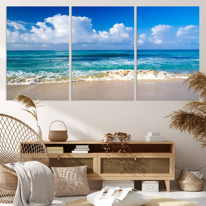 Tropical Beach 3-Panel Canvas Wall Art – Serene Ocean Waves and Blue Sky – Giclée Print for Living Room, Office, or Bedroom Coastal Decor