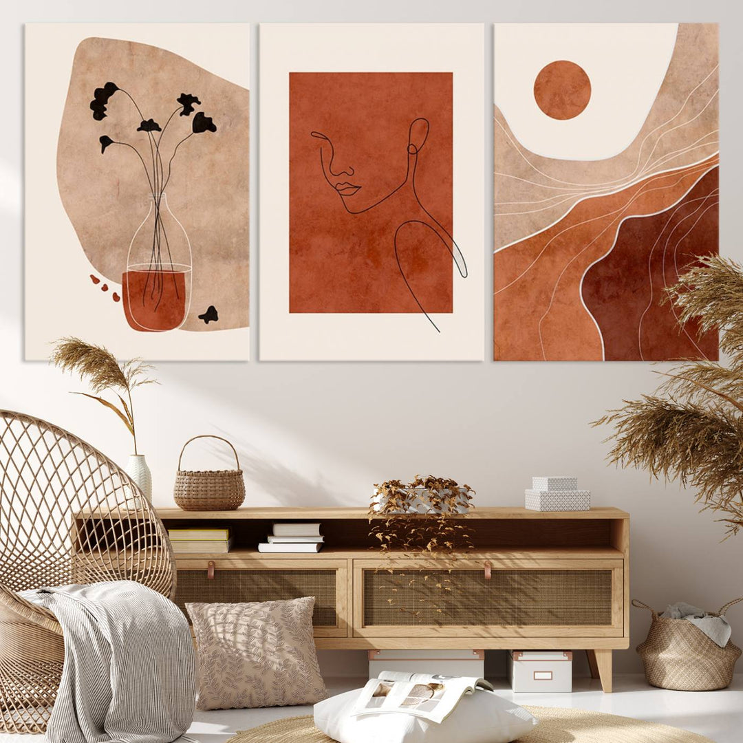 Boho Wall Art Canvas Print Set Mid-Century Prints Boho Wall Artwork Prints Boho Neutre