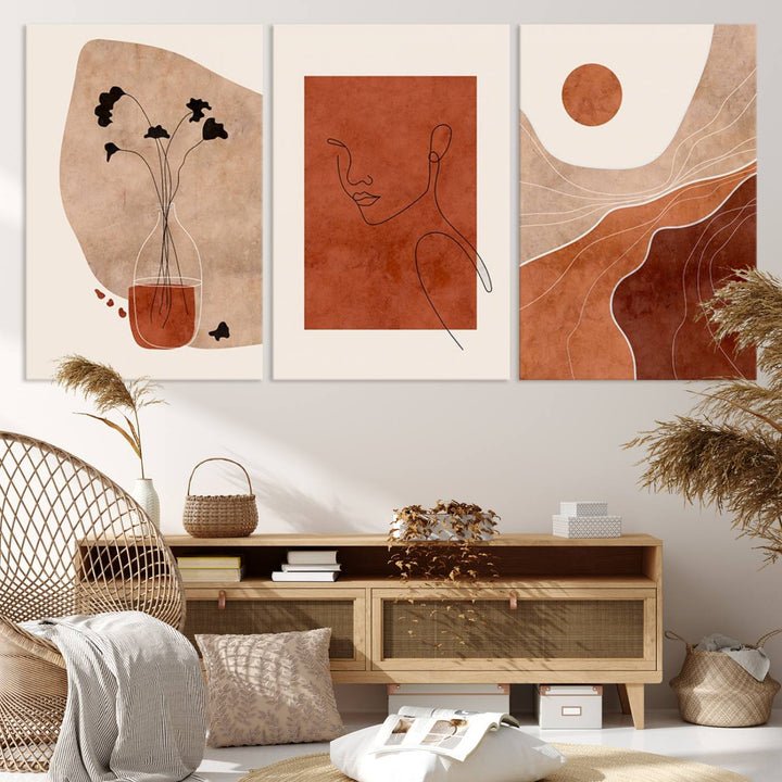 Conjunto de impresión de lienzo enmarcado de arte de pared boho - Impresiones modernas de mediados de siglo - Impresiones de obras de arte de pared de decoración boho - Decoración del hogar neutral boho