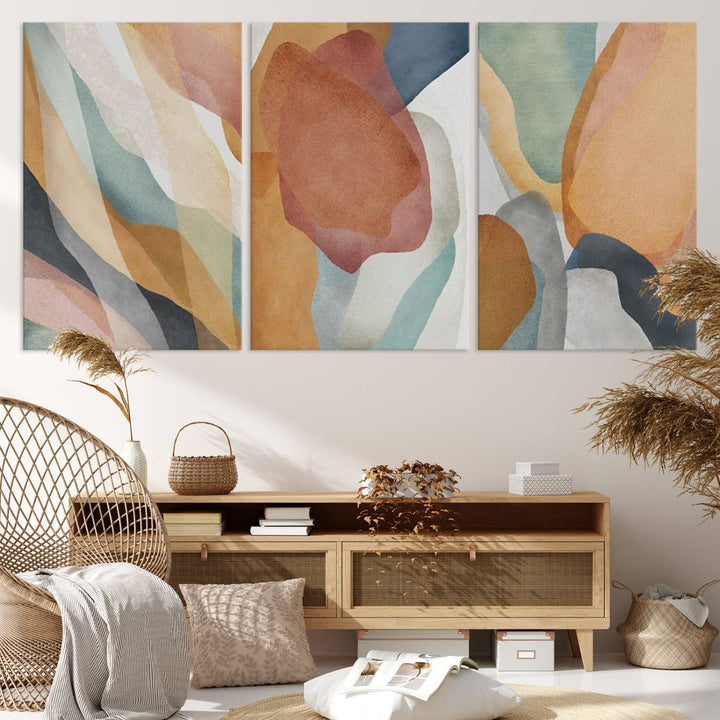 Boho Wall Art Canvas Print Set with warm earthy tones hangs prominently, showcasing its vibrant design.