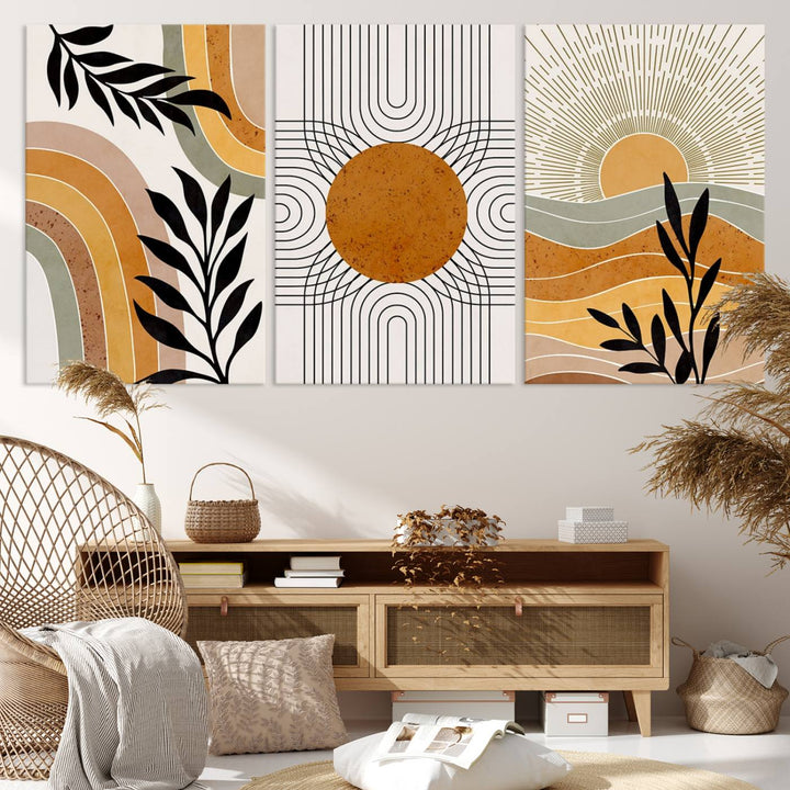 Modern Boho Sun and Leaf Abstract Art – 3-Panel Giclée Canvas for Mid-Century Modern or Bohemian Wall Decor