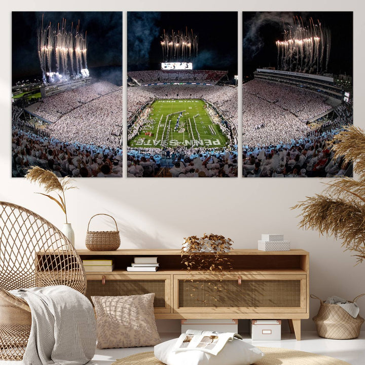 The perfect Penn State Football canvas wall art features a depiction of Beaver Stadium filled with fans in white, with fireworks exploding above.