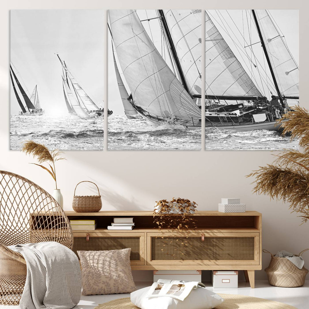 Yacht Sailboat Regatta canvas print on a textured wooden wall.