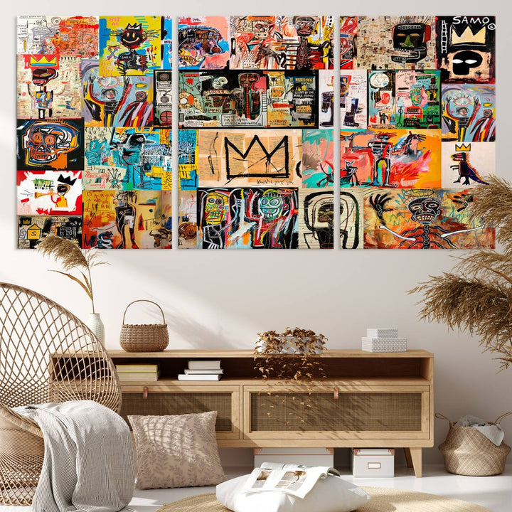 A Basquiat graffiti-style collage adorns the wall.