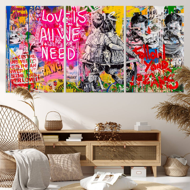 A vibrant and dynamic triptych features distorted horizontal lines, resembling graffiti street art. This artwork conveys the themes of "Follow Your Dreams" and "Love is All We Need" across three colorful panels.