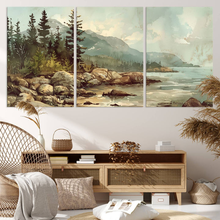 Framed Abstract Acadia National Park wall art, depicting a rocky coastline with trees and mountains, ready to hang.