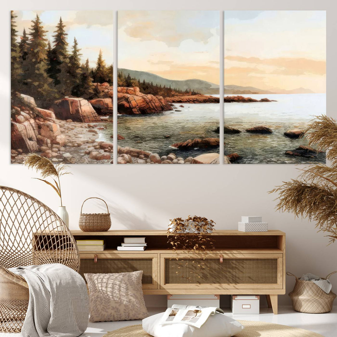 The Serene Coastal View of Acadia National Park 3-panel canvas, framed and ready to hang, adorns the wall.