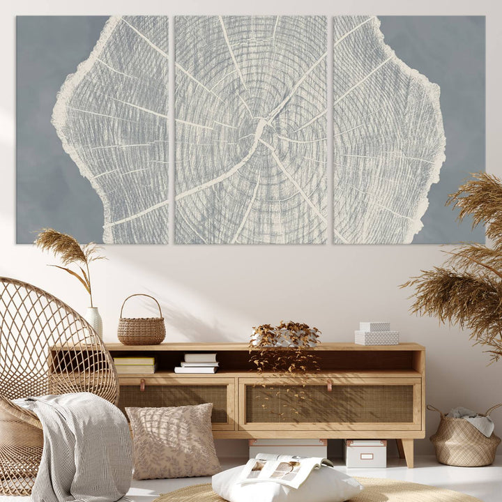 A gray wall displays the Abstract Tree Ring Wall Art print.