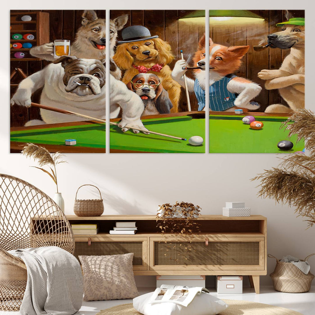 Dogs Playing Pool Canvas Wall Art: This artwork depicts a room where dogs are engaged in a game of pool. One dog is poised to cue while others observe the scene.