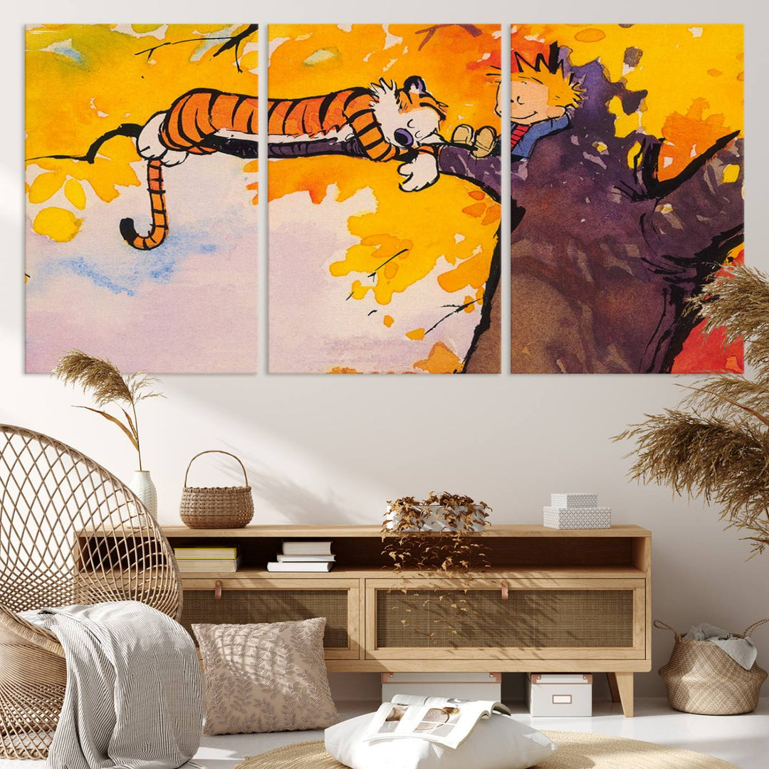 Premium canvas Calvin Wall Arts featuring a boy and tiger relaxing on a branch.