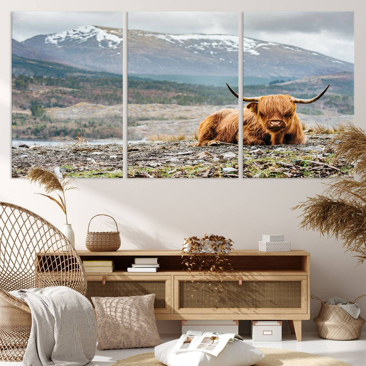 Highland Cow Horn Farm Wall Art Canvas Print is displayed against a wooden wall featuring a mountainous backdrop.