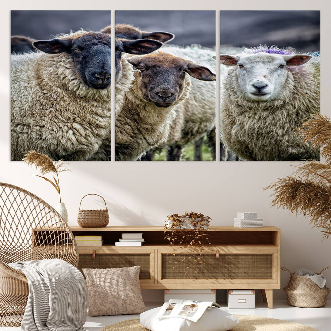 The Charming Sheep Portrait Wall Art hangs on a wooden wall.