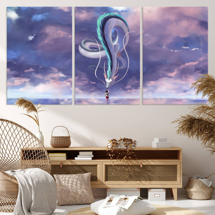 The Spirited Away Haku and Chihiro poster captures a cherished scene for anime lovers under a colorful, cloudy sky.