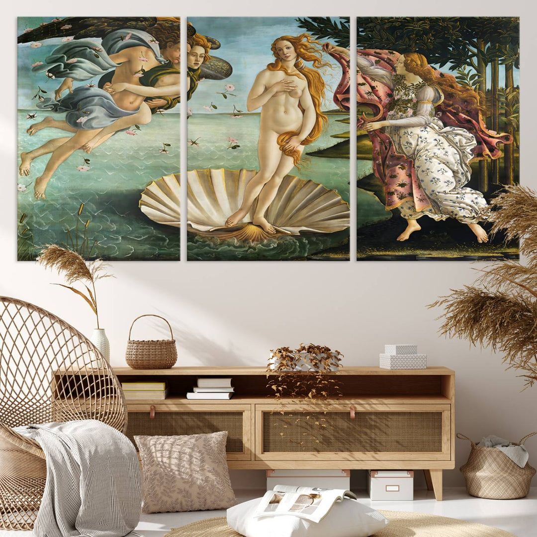 A canvas print of Botticellis The Birth of Venus is displayed on the wall.