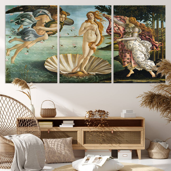 A canvas print of Botticellis The Birth of Venus is displayed on the wall.