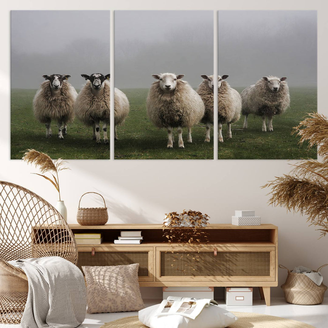 The Flock of Sheep in a Mystical Fog canvas print is framed and ready to hang.