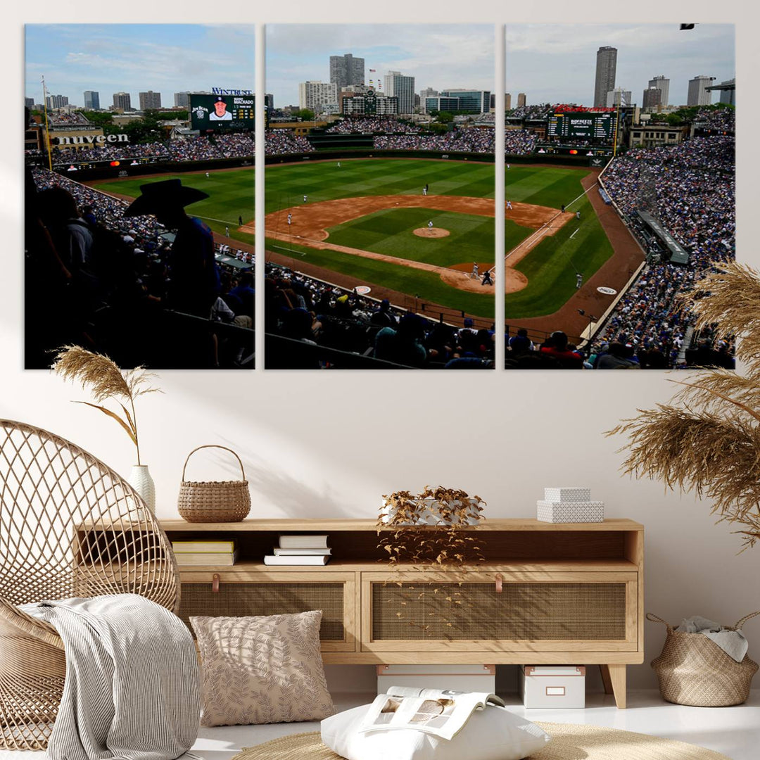 Admire this museum-quality canvas print of a Chicago Cubs game with a cityscape view from the stands at Wrigley Field.