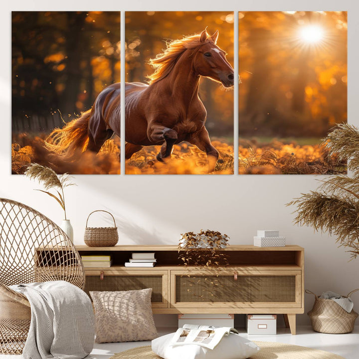 The Running Horse Sunset Forest Wall Art Canvas Print showcases a gallop in an autumn forest with sunlight streaming through the trees.