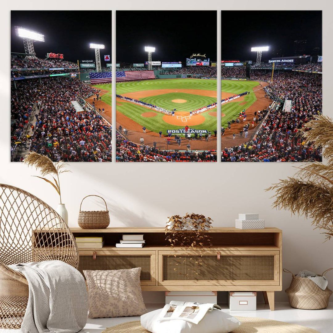 The Fenway Park Wall Art Canvas Print showcases a stunning aerial view of Bostons iconic ballpark at night, making it an ideal piece for any Red Sox enthusiast.