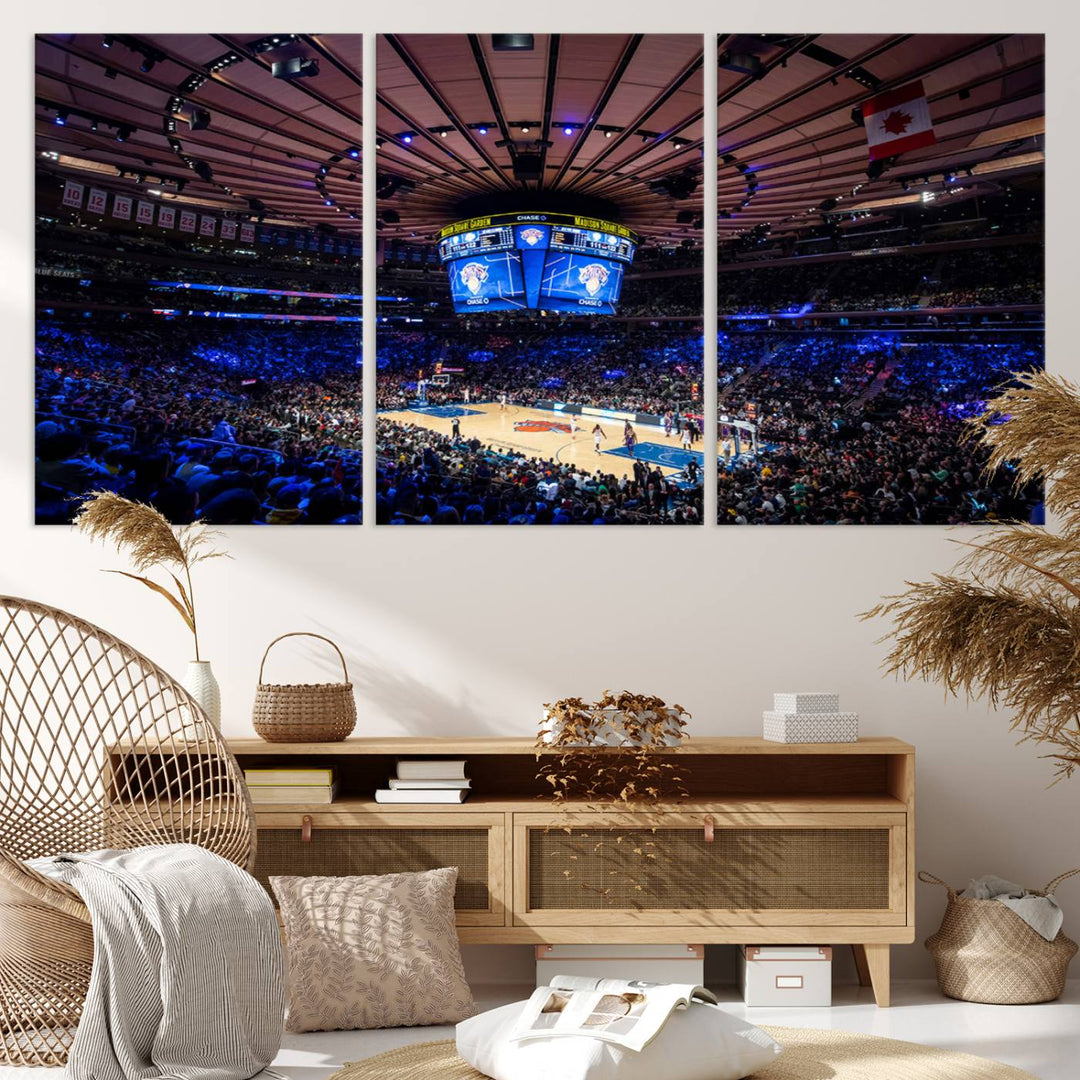 A print depicting an NBA game at Madison Square Garden, highlighting the scoreboard.