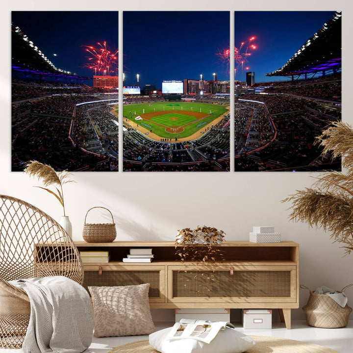 Truist Park wall art: fireworks over a Braves crowd, a large 3-panel canvas, framed and ready-to-hang.