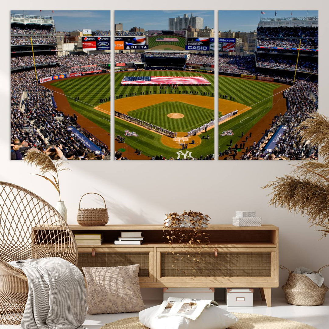 The Yankee Stadium New York wall art print features a vibrant scene of baseball fans with a large flag and players, expertly capturing the spirit of the game. This ready-to-hang décor is perfect for adding a dynamic touch to any space.