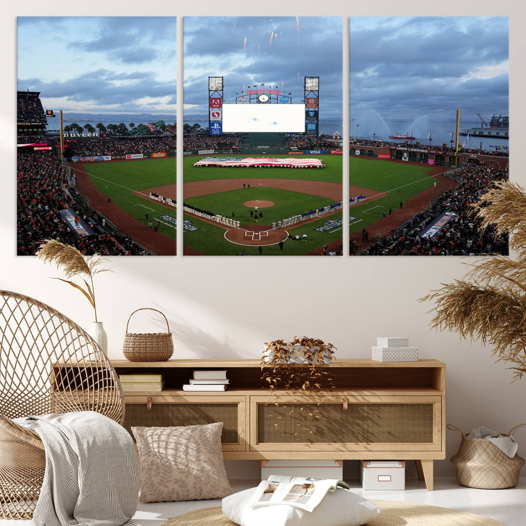 This framed 3-panel canvas MLB wall art features a giant flag and fans under a cloudy sky at Oracle Park.