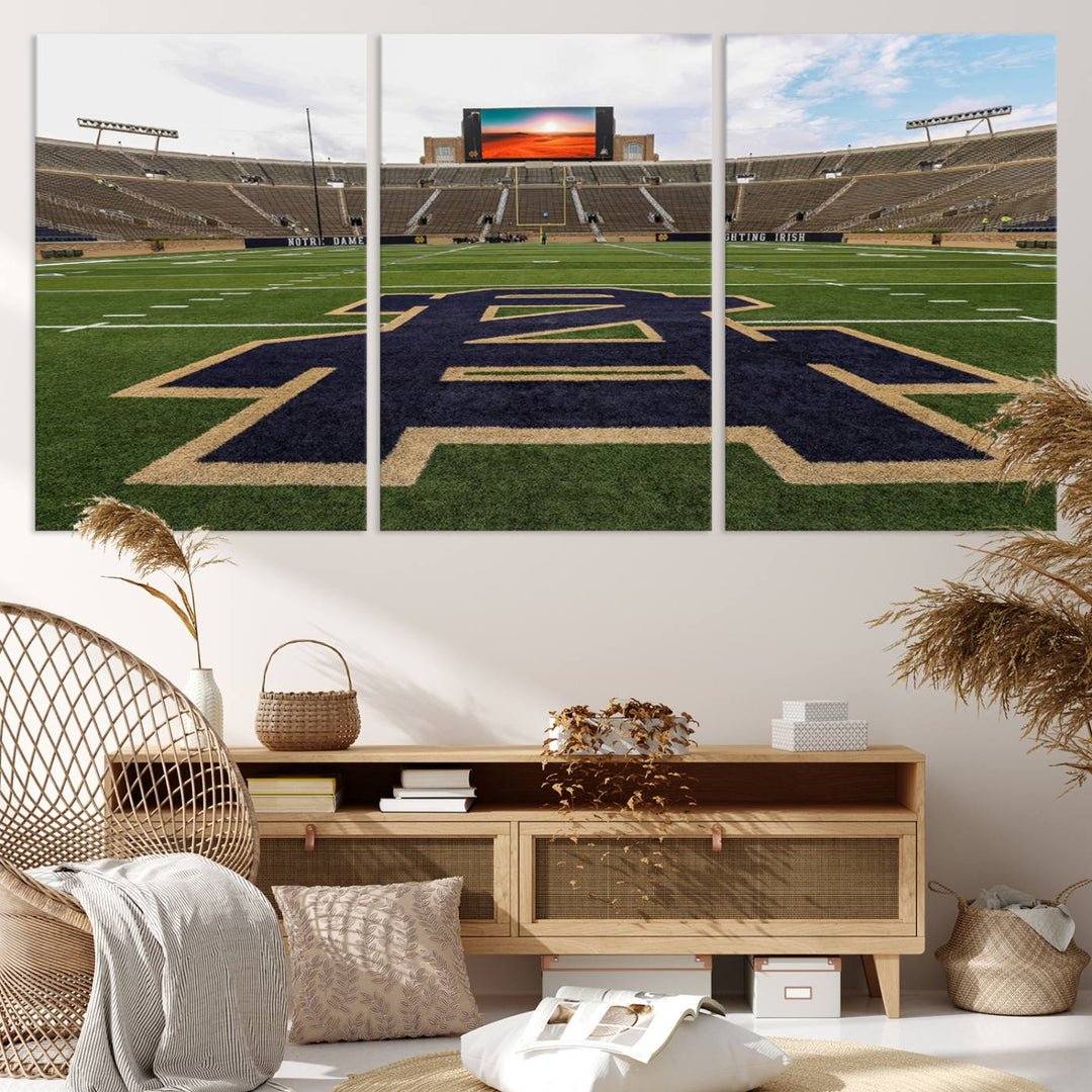 Notre Dame Stadium Triptych: This ready-to-hang giclee canvas print features a vibrant depiction of the football field adorned with an A logo and a stunning sunset.