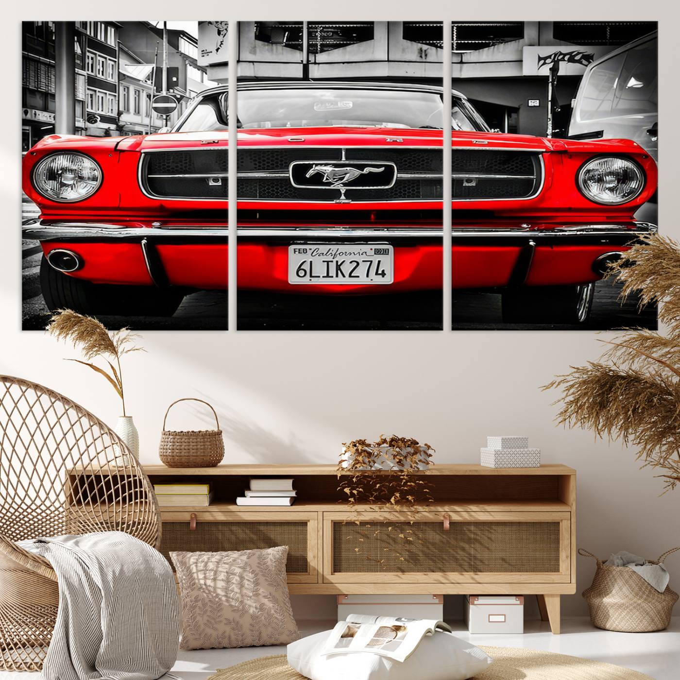 Front view of a bold red 1960s Ford Mustang parked in an urban environment, captured in dramatic contrast with a black-and-white city backdrop, emphasizing its timeless American muscle car identity.