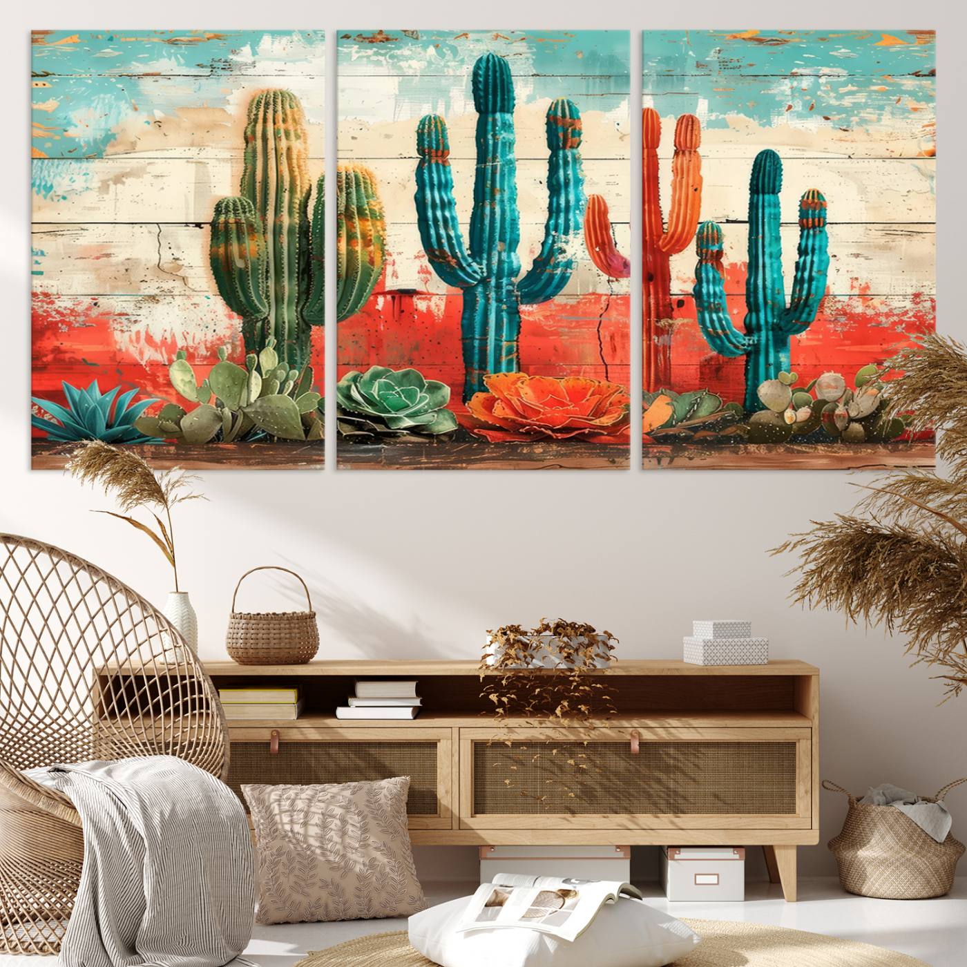 A vivid southwestern-style artwork featuring an eclectic mix of cacti and succulents painted against a textured, rustic wood backdrop in rich turquoise, red, and orange hues.