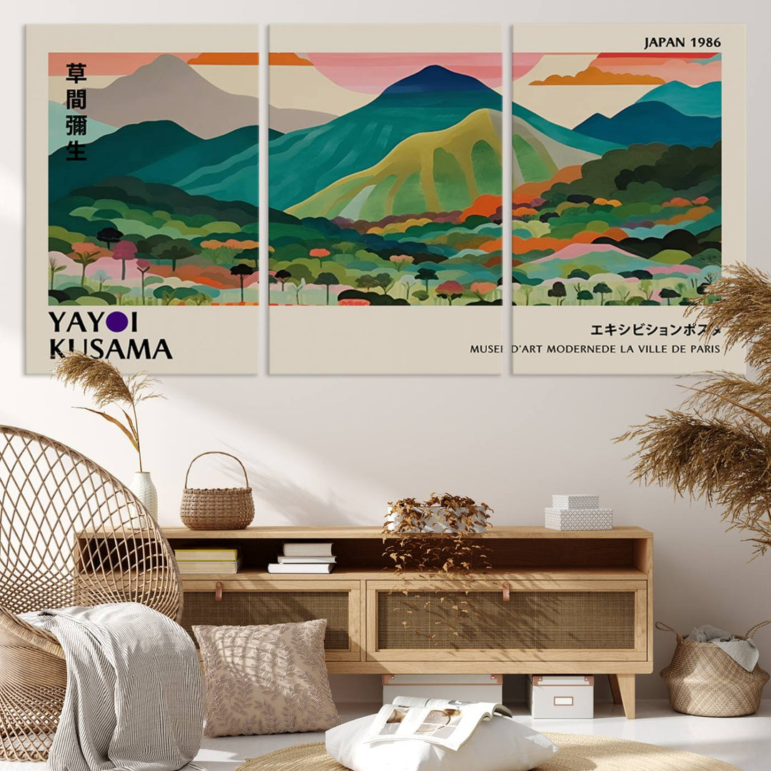 Vibrant Kusama landscape canvas featuring floral mountains and botanical decor, ideal for a modern home.