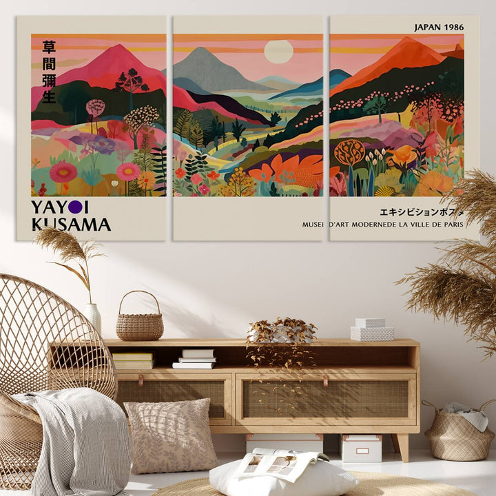 The Yayoi Kusama Landscape Print features vibrant floral mountains with abstract designs, ideal for modern decor.