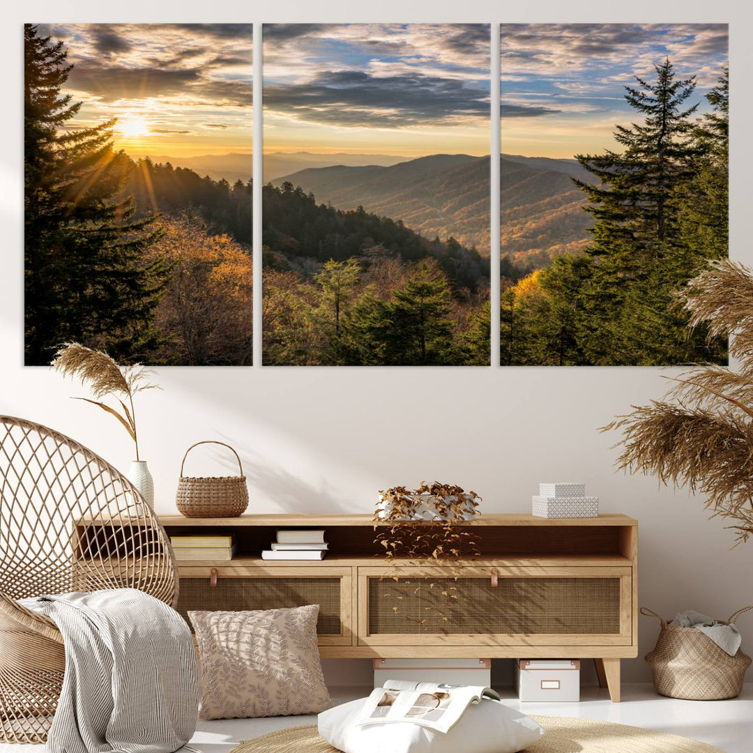 The dining area is beautifully decorated with the Sunrise Over the Smoky Mountains Canvas Wall Art – a breathtaking scenic landscape photography in a stunning triptych that's ready to hang.