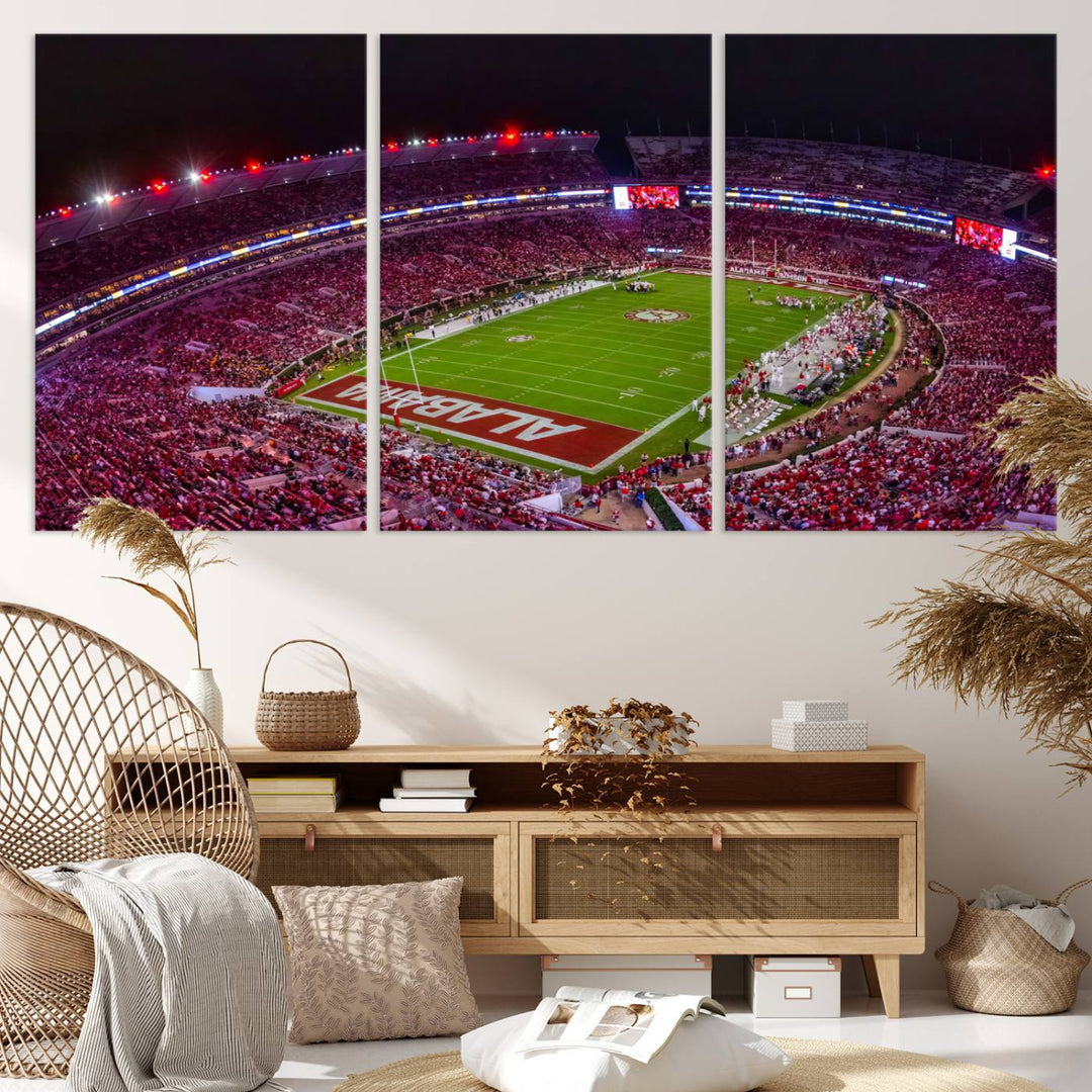 A stunning triptych canvas wall art of the Bryant-Denny Stadium Night Game perfectly captures the energy and excitement of an Alabama Crimson Tide football match at night.