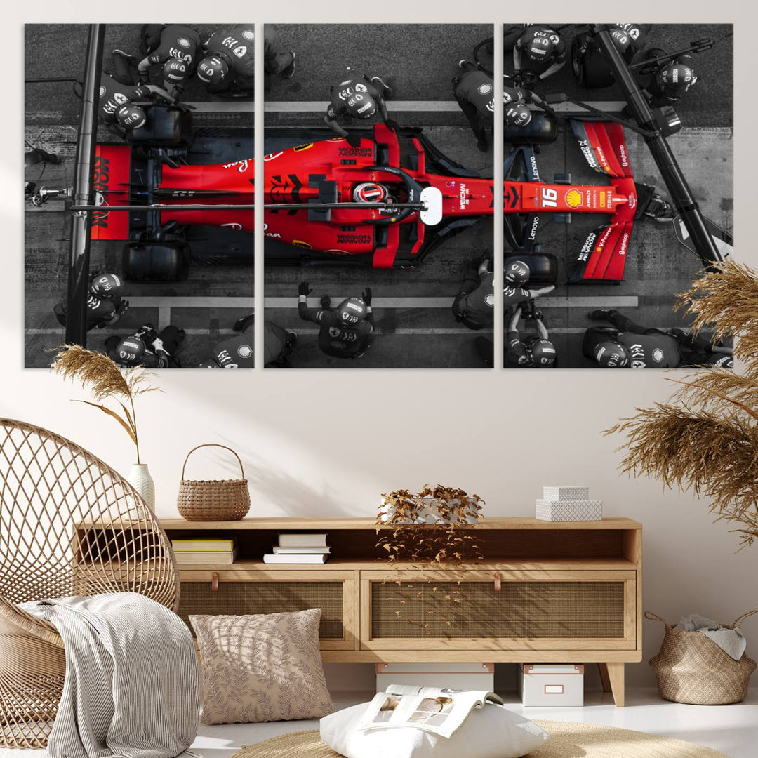 The Ferrari Pit Stop Canvas Wall Art features bold motorsport imagery that captures the precision and speed of Formula 1.