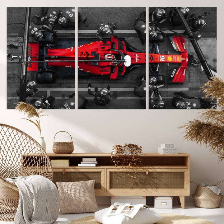 The Ferrari Pit Stop Canvas Wall Art features bold motorsport imagery that captures the precision and speed of Formula 1.