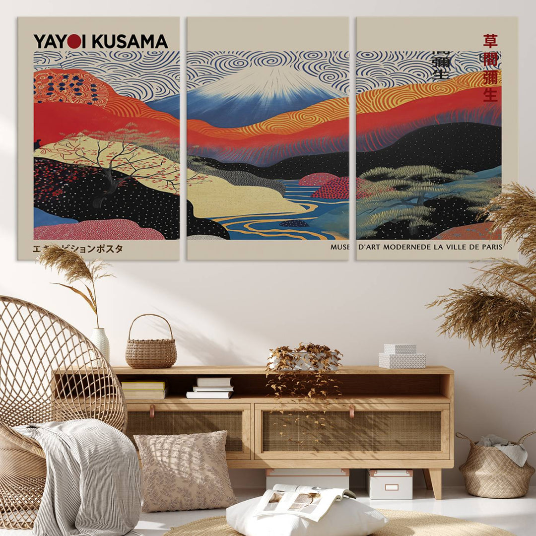 The framed Yayoi Kusama 1986 print showcases a vibrant abstract landscape with Wabi Sabi-inspired patterns.