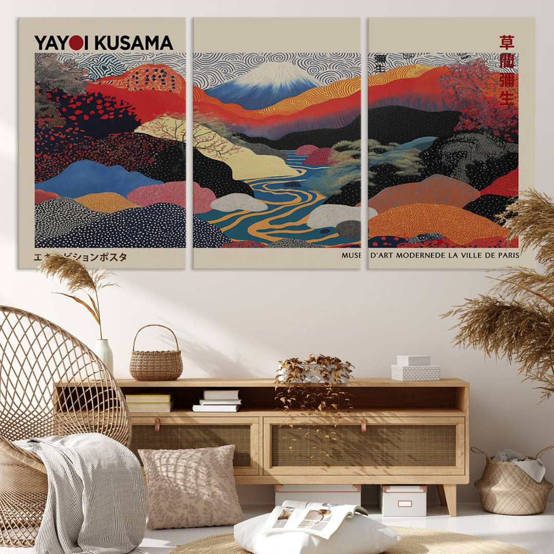 The room showcases Kusamas 1986 vibrant abstract landscape wall art print.