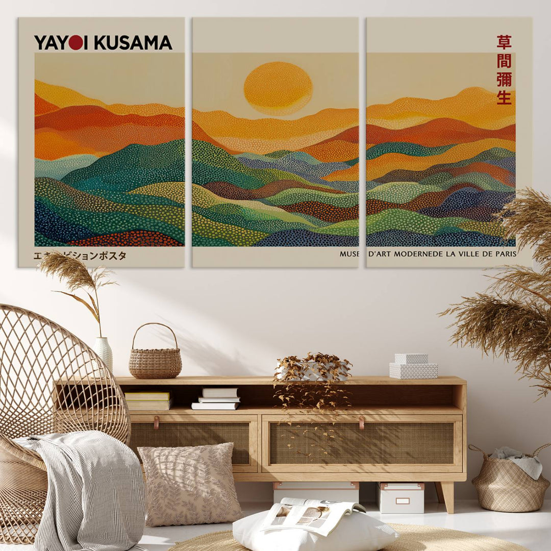 The vibrant abstract landscape depicted in the three-panel "Framed Yayoi Kusama 1986 Wall Art Print" seamlessly integrates nature-inspired décor.