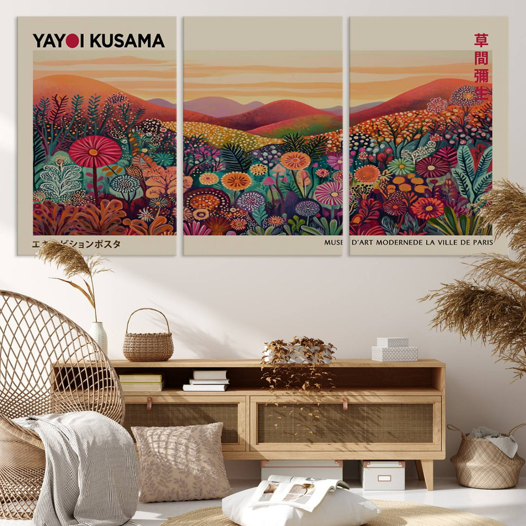 The room is adorned with a triptych artwork depicting colorful flowers and hills, incorporating the "Framed Yayoi Kusama 1986 Wall Art Print" – a vibrant abstract landscape canvas print that blends Japanese Wabi Sabi themes into contemporary nature-inspired décor.