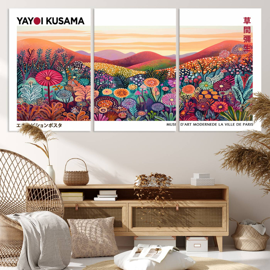 A Framed Yayoi Kusama 1986 Wall Art Print, showcasing a vibrant abstract landscape with flowers and reflecting the Wabi Sabi style, is displayed.