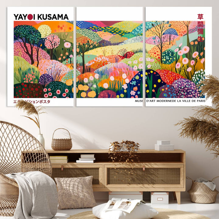 Three vibrant, abstract Yayoi Kusama wall art prints adorn a black wall, creating a perfect blend of contemporary décor.