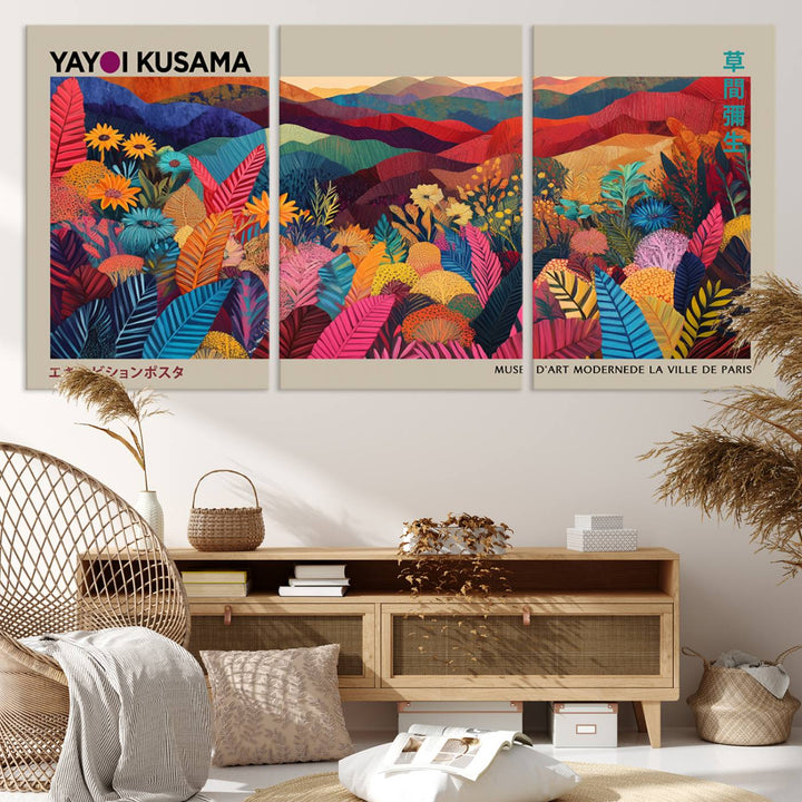 A Yayoi Kusama 1986 wall art print adds color in a modern living room.